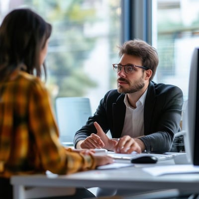 Two people having a meeting infront of a computer